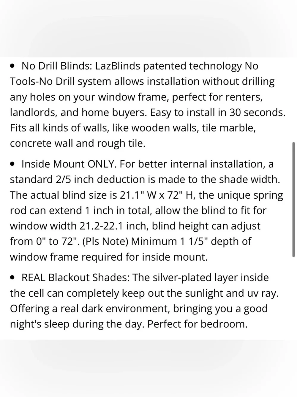 Cordless Honeycomb Blackout Cellular Shade Pleated Blinds 21.5”W 72”H - WHITE